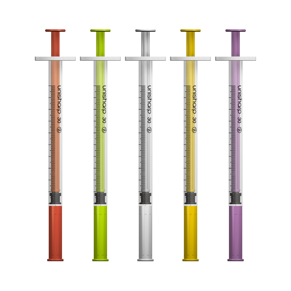 Unisharp 1ml 30G fixed needle syringe: mixed colours